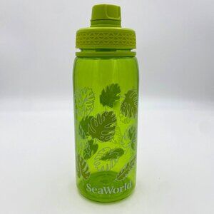 SeaWorld Water Travel Drinking Bottle Green w/ Leaf Print Design Twist Off Lid
